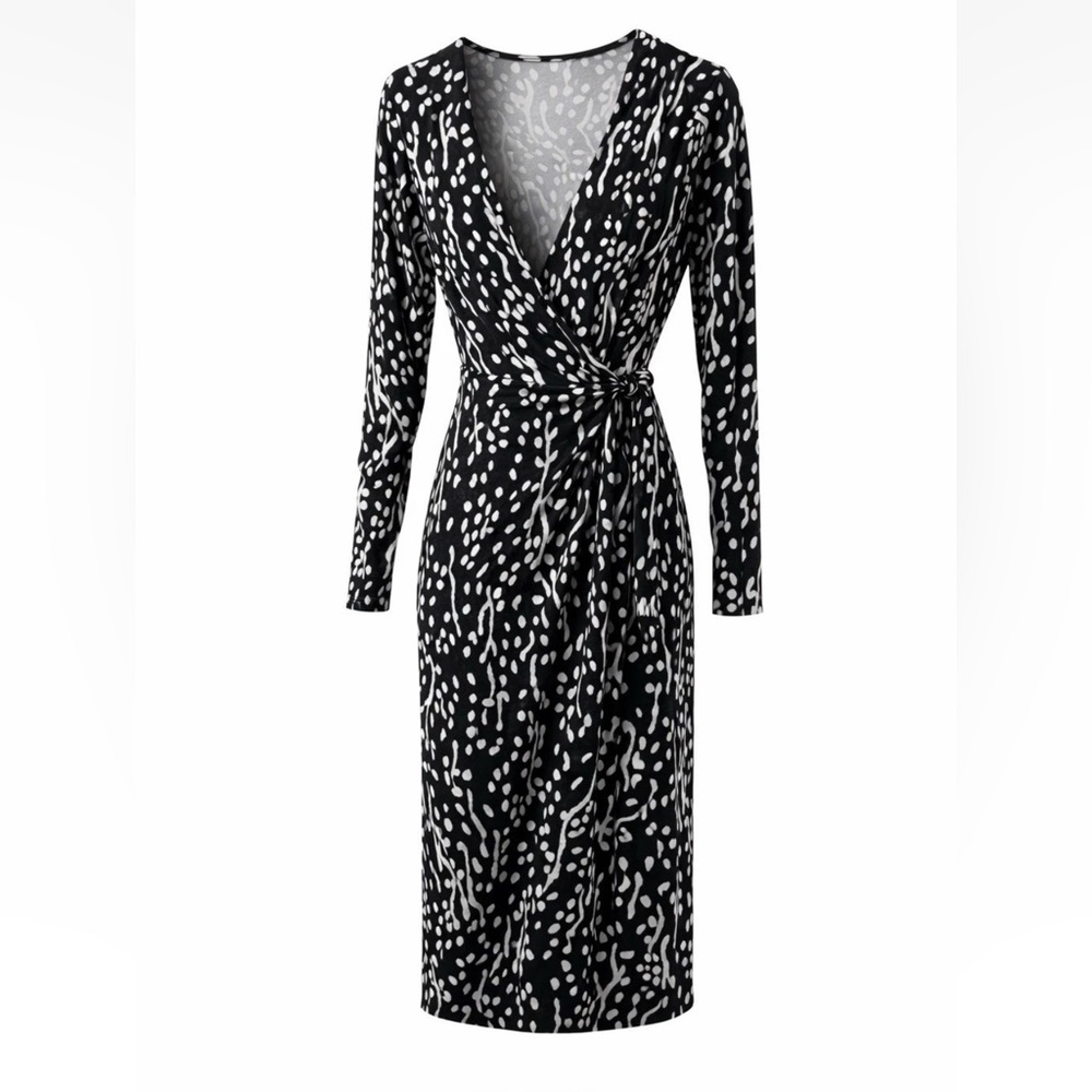 Diane von Fürstenberg Black White Abstract Print Wrap Midi Dress  Size XL NWT